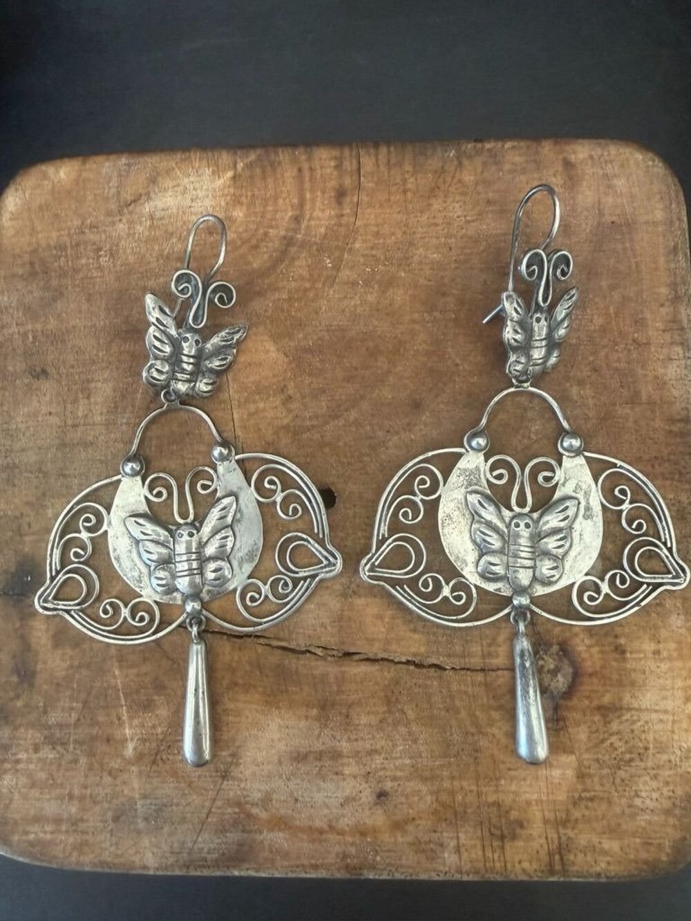 Vintage Frederico Jimenez Sterling Silver Double Butterfly Chandelier Earrings